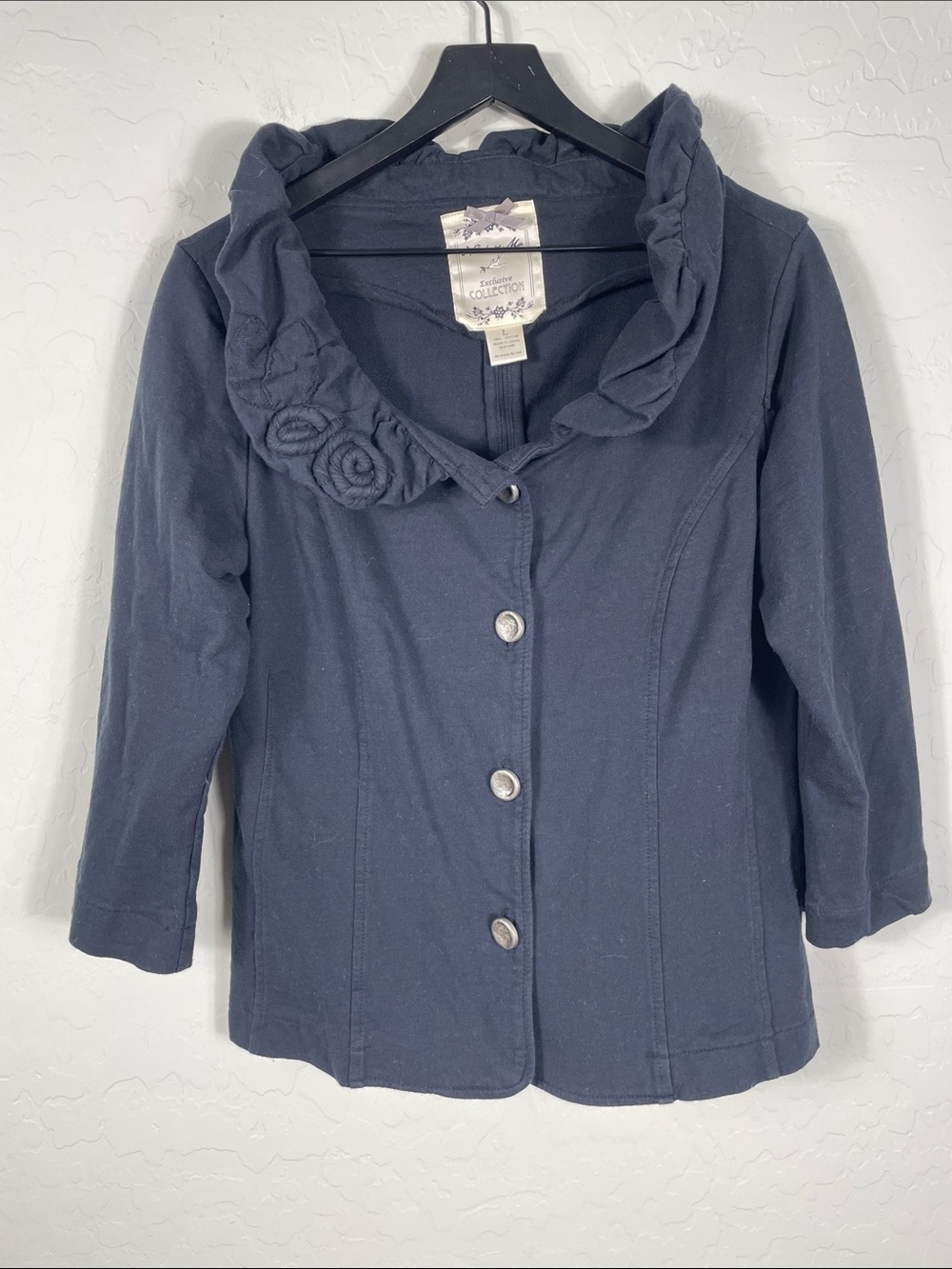 Nick & Mo Black Button Front Jacket Ruffle Collar Size Large